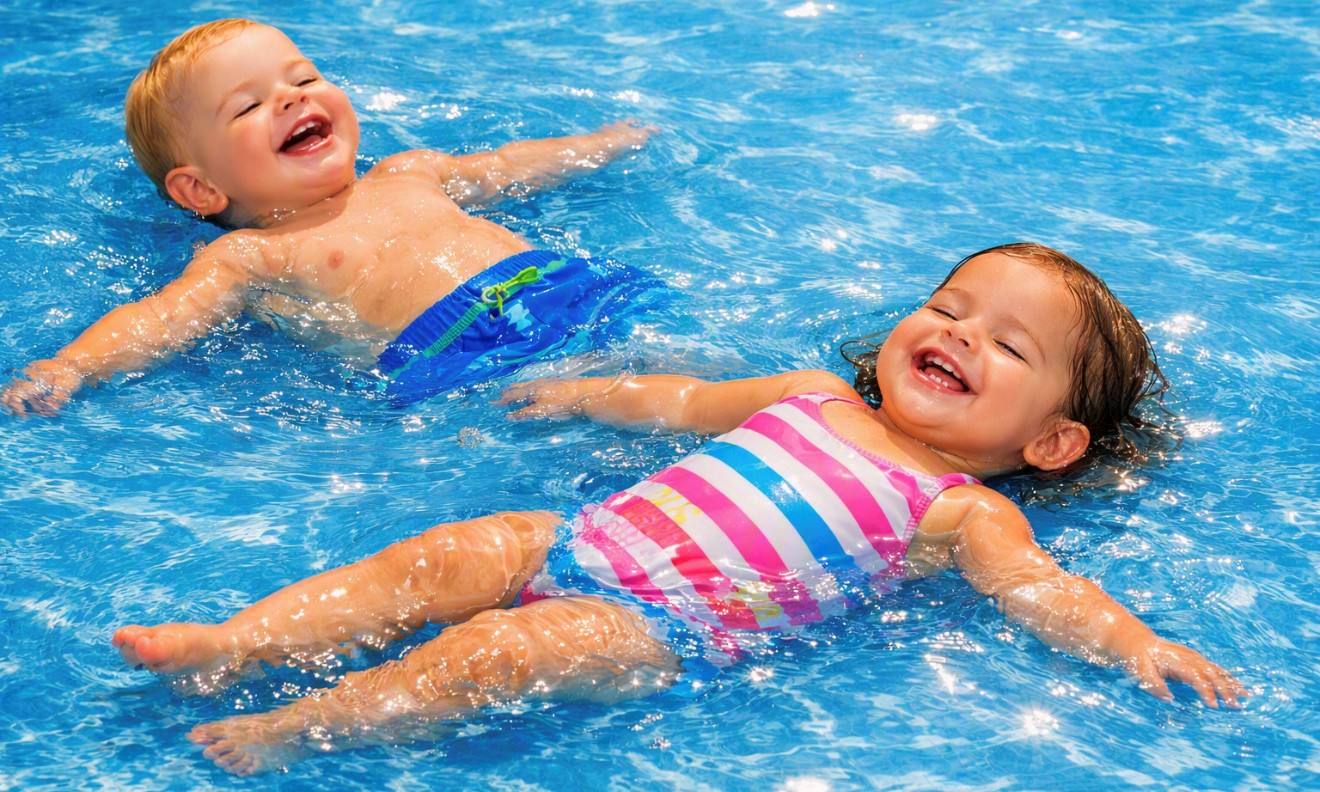 Two young children floating on their backs in a swimming pool
